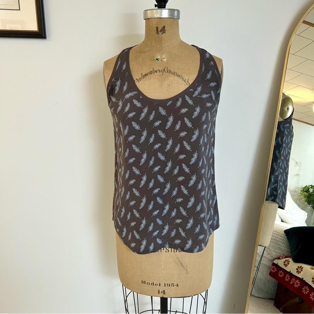 Joie Women’s Silk Dark Gray Brown Feather Print Tank Top Sz S
